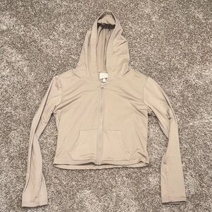 Women's Beige Hooded Zip-Up Top